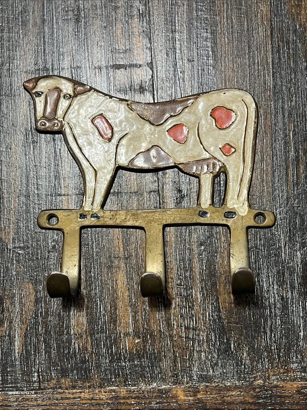 Vintage Cow Metal Wall Hook Rack in Cream and Brown